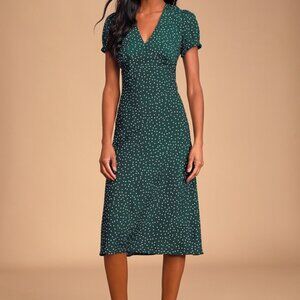 Lulus Tasteful Treat Green Polka Dot Short Sleeve Midi Dress - Size S